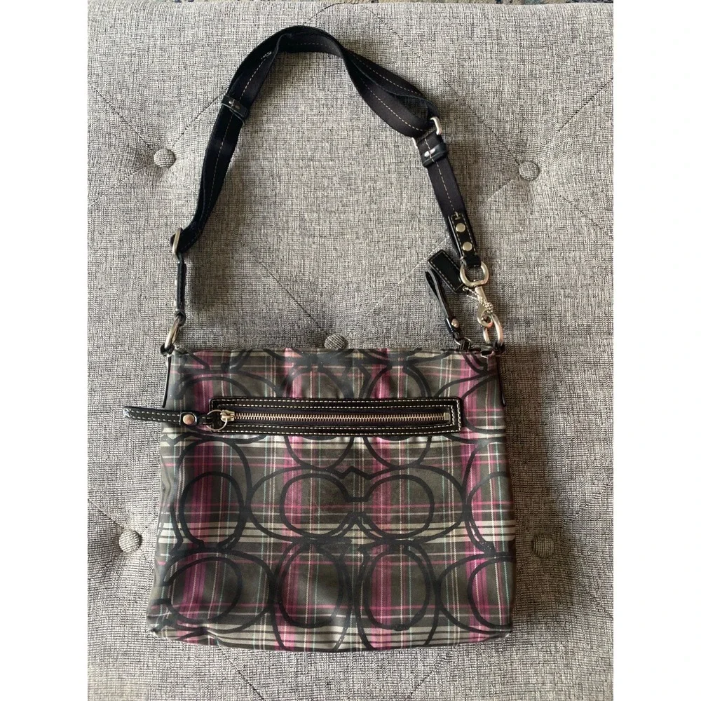 Coach Poppy Tartan Gray Pink Plaid Crossbody‎ Bag Glitter Purse F17710